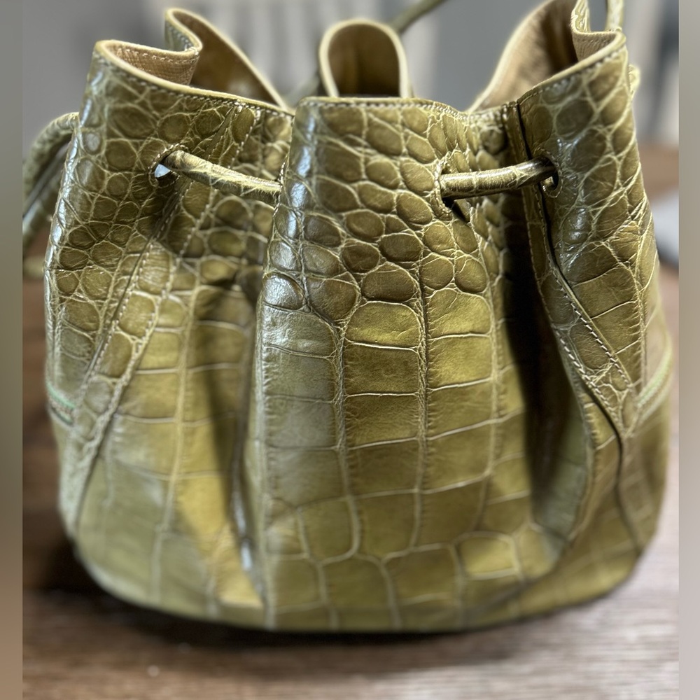 Brahmin Green Embossed Croc Leather Drawstring Bag